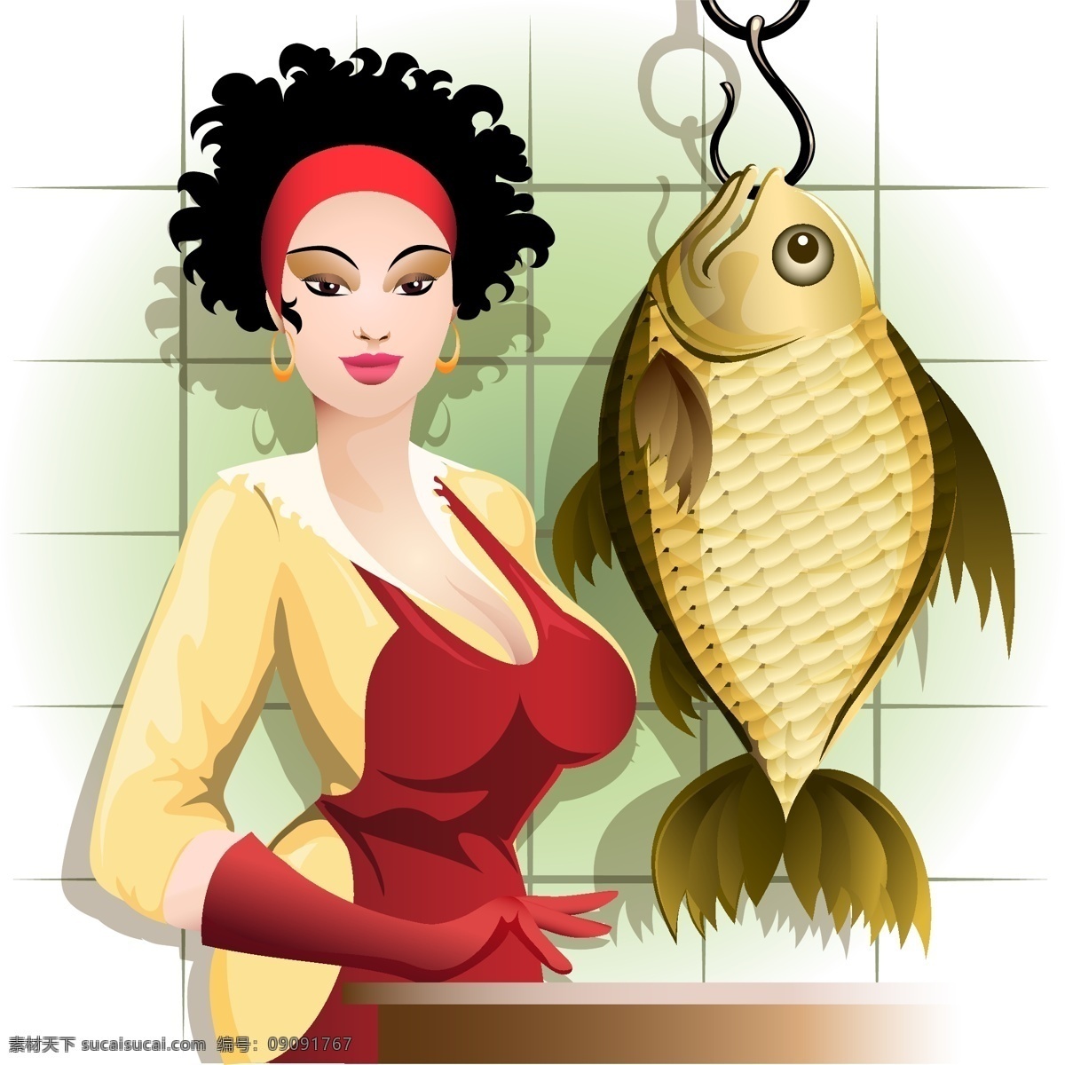 美女 鲤鱼 插画 人物 时尚 妈妈 厨房