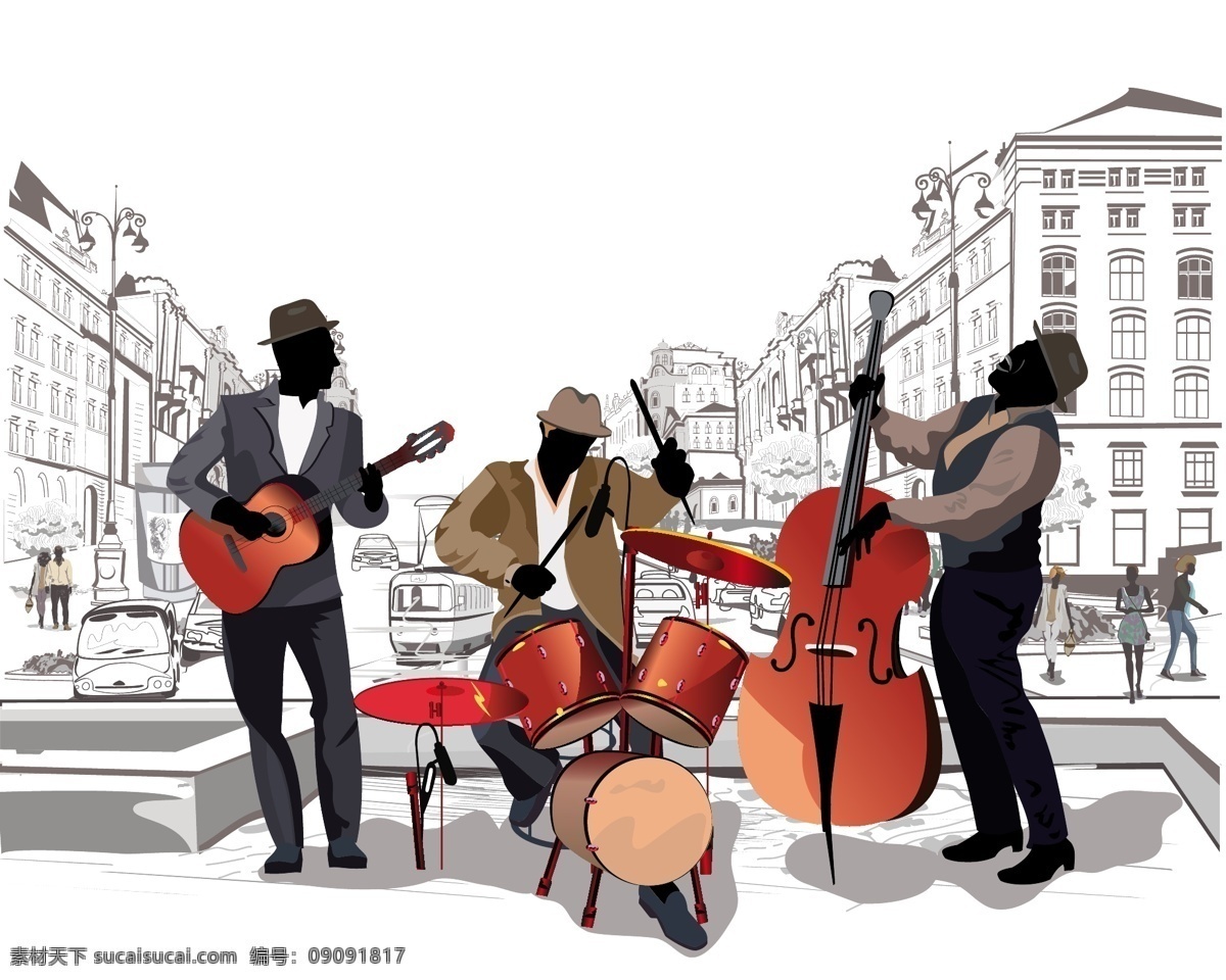 街头 音乐 人物 插画 建筑 手绘 风景 乐器 大提琴