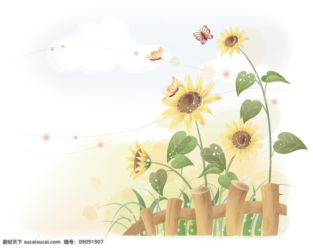 向日葵 梦幻 花圃 背景 唯美 清新 淡雅 阳光明媚 蝴蝶 栅栏 围栏 花朵 绿叶 草丛 花纹 底纹 矢量 底纹边框 背景底纹