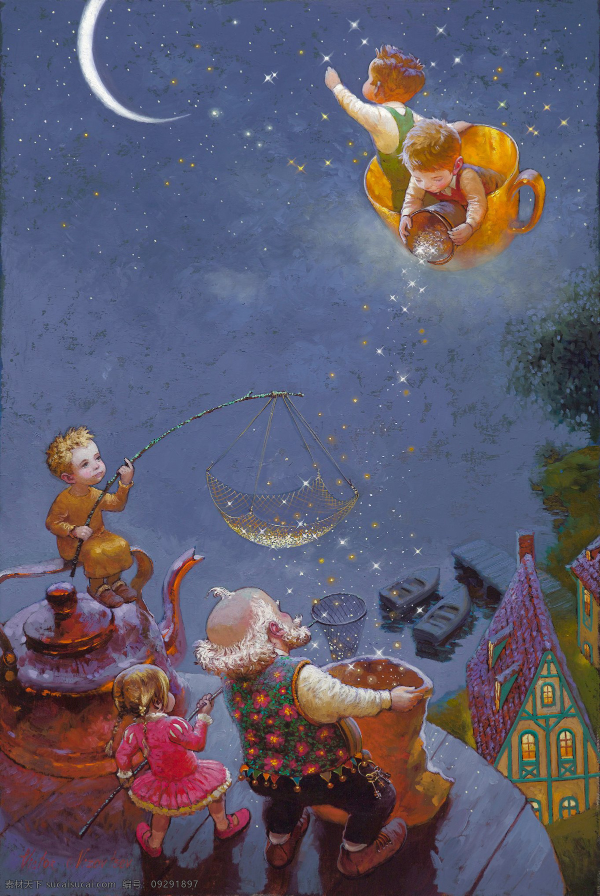 俄罗斯 儿童 绘画书法 老人 梯子 童话 童话世界 摘 星星 设计素材 模板下载 摘星星 victor nizovtsev 俄国 油画 爷爷 月亮 小孩 小男孩 小女孩 夜晚 文化艺术 家居装饰素材