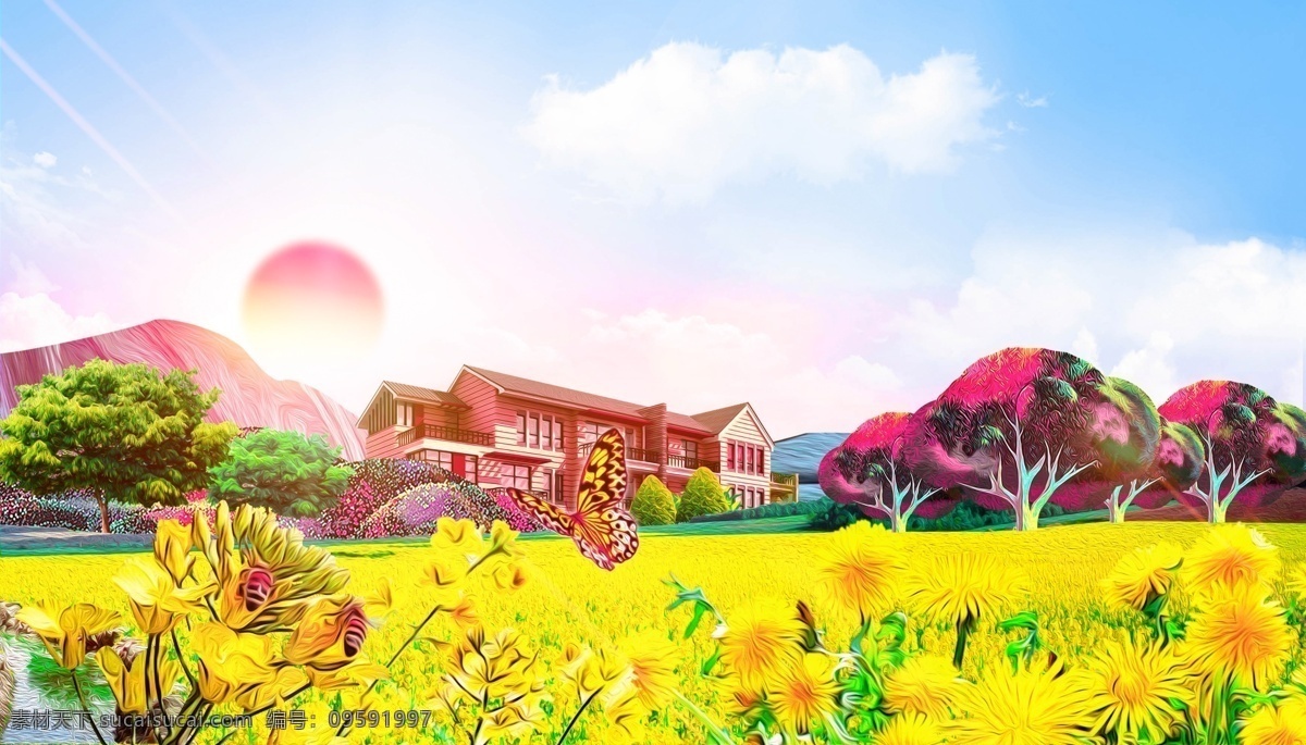 唯美 花海 蓝天 海报 背景 城堡 海报背景 炫彩 别墅 太阳 彩色 背景展板 渐变背景 高清壁纸 高清背景
