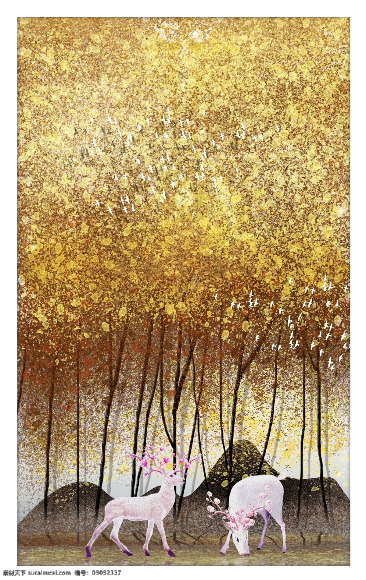 金色 森林 麋鹿 风景 玄关装饰画 晶瓷 晶瓷装饰画 抽象装饰画 北欧装饰画 新中式装饰画 新中式风景 晶瓷玄关 现代装饰画 风景装饰画 禅意装饰画 三联装饰画 中式背景墙 环境设计 室内设计