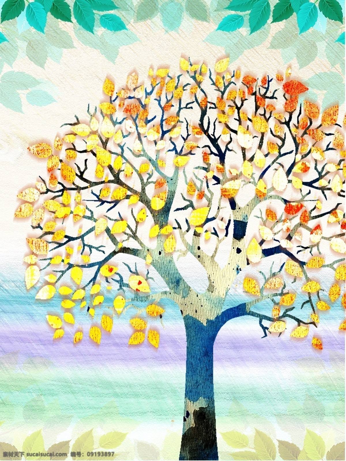 现代 秋色 风景树 客厅 装饰画 秋树 淡雅背景 淡蓝色树叶 一联画 发财吉祥树 渐变橘黄树