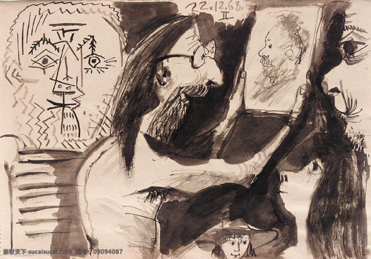 atelier 西班牙 画家 巴勃罗 毕加索 抽象 油画 人物 人体 装饰画 son dans peintre le 1968 装饰素材