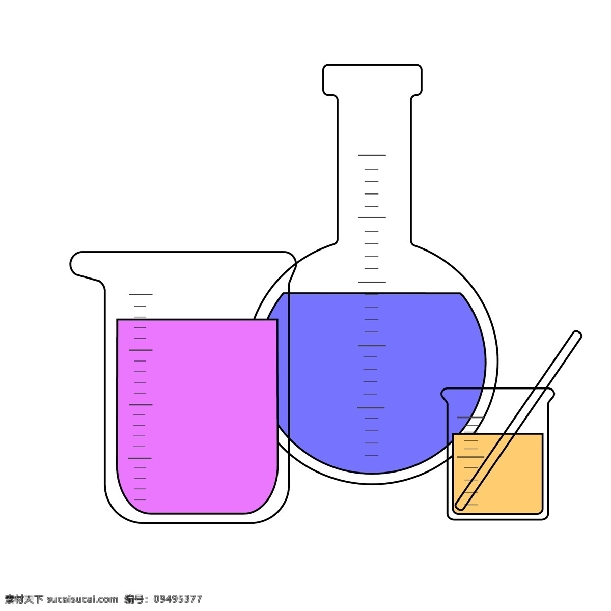 圆形 实验 玻璃 瓶子 椭圆形器材 玻璃容器 实验用品 紫色液体 刻度测量 玻璃搅拌器 实验器材