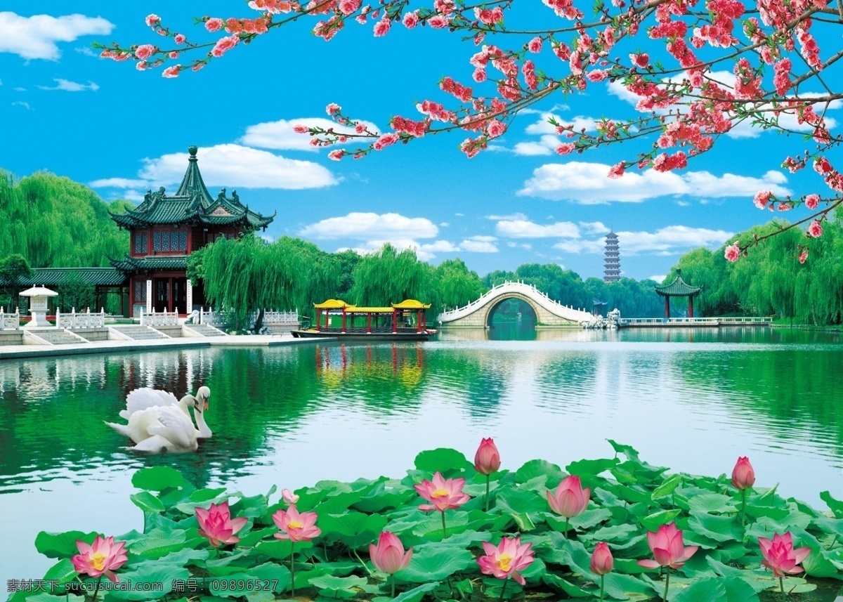 分层 风景 公园 河水 荷花 桃花 天鹅 亭子 春 回 江南 模板下载 春回江南 小桥 源文件 psd源文件
