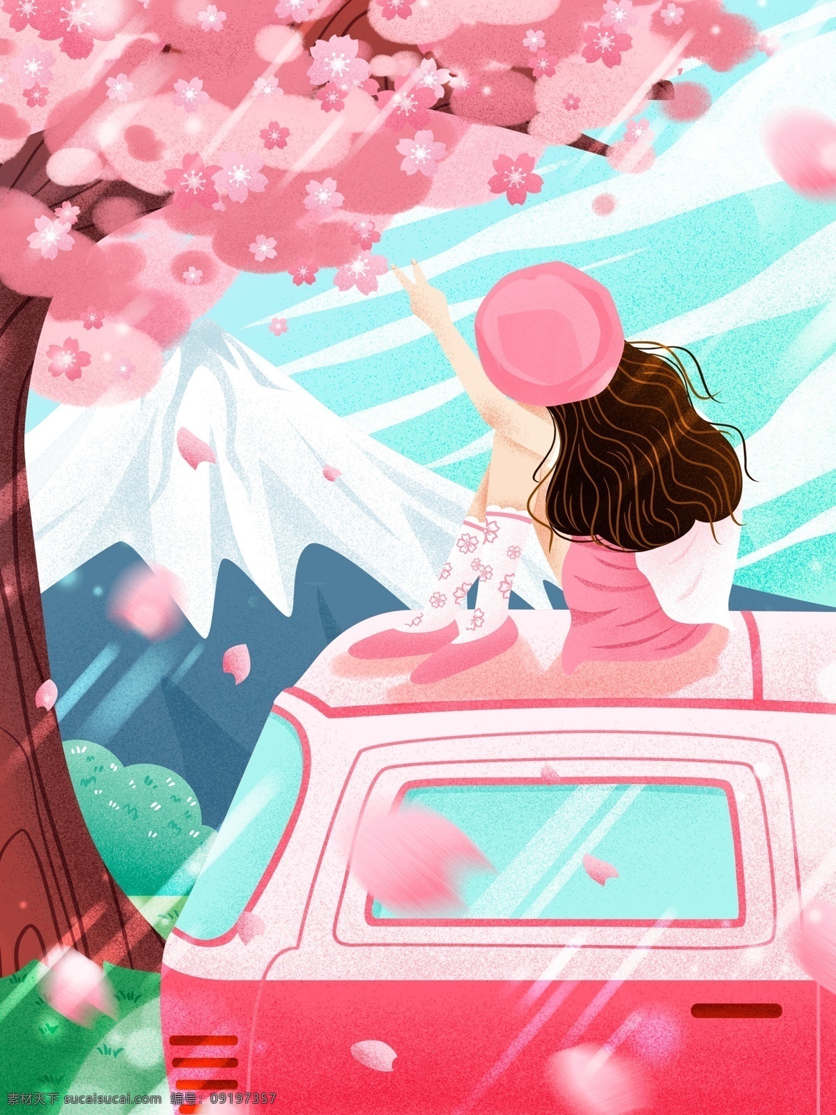 清新 唯美 日本 樱花 季 车顶 赏 景 女孩 插画 樱花季 赏花 樱花祭 赏樱 花卉 三月樱花季 富士山 旅游 三月 车 汽车 人物插画 樱花树 肌理 手绘