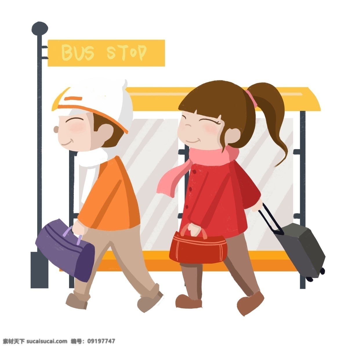 春运 人物 回家 插画 漂亮的小女孩 卡通人物插画 回家团聚 手绘 紫色的手提包 黑色的行李箱