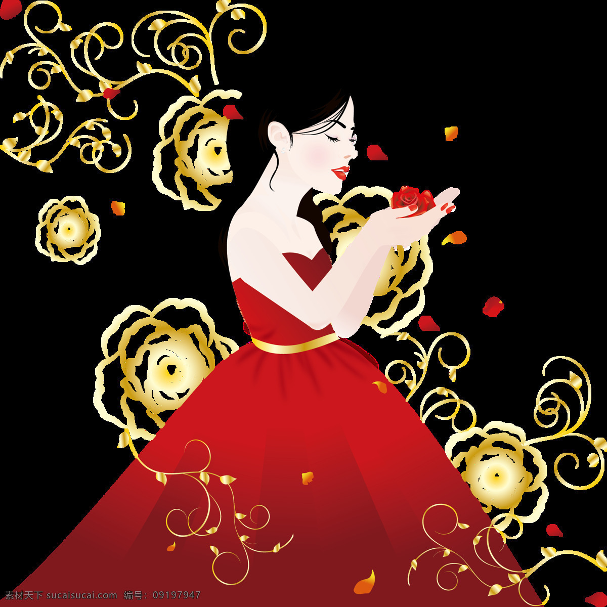 手绘 玫瑰 人生 人物 女孩 美女 女性 装饰 结婚 元素 花瓣 红色 玫瑰人生