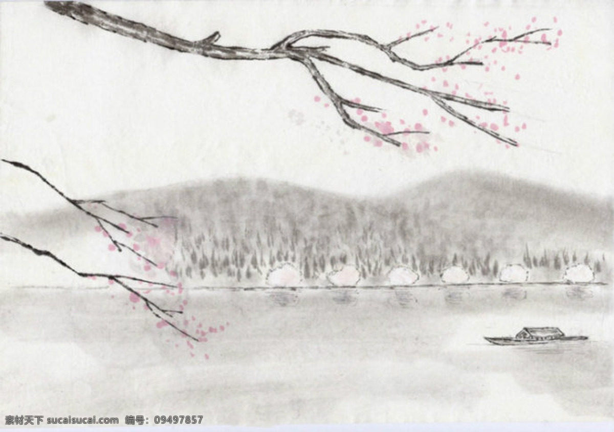 中国 风 背景 水墨画 山水 意境 风景 装饰画 红色