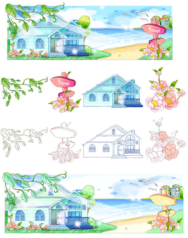 手绘 风格 夏日 风情 系列 矢量 别墅 插画 海边 海滨 卡通 沙滩 blueblur 矢量图 其他矢量图