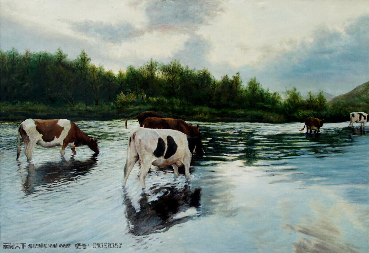 风景画 河流 黄牛 绘画书法 美术 牛 山岭 牧牛 油画 现代油画 河滩 树林 油画艺术 油画作品15 文化艺术