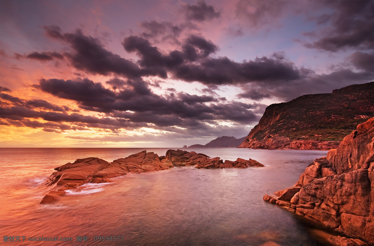 夕阳 红色 海面 礁石 远山 山水风景 自然景观