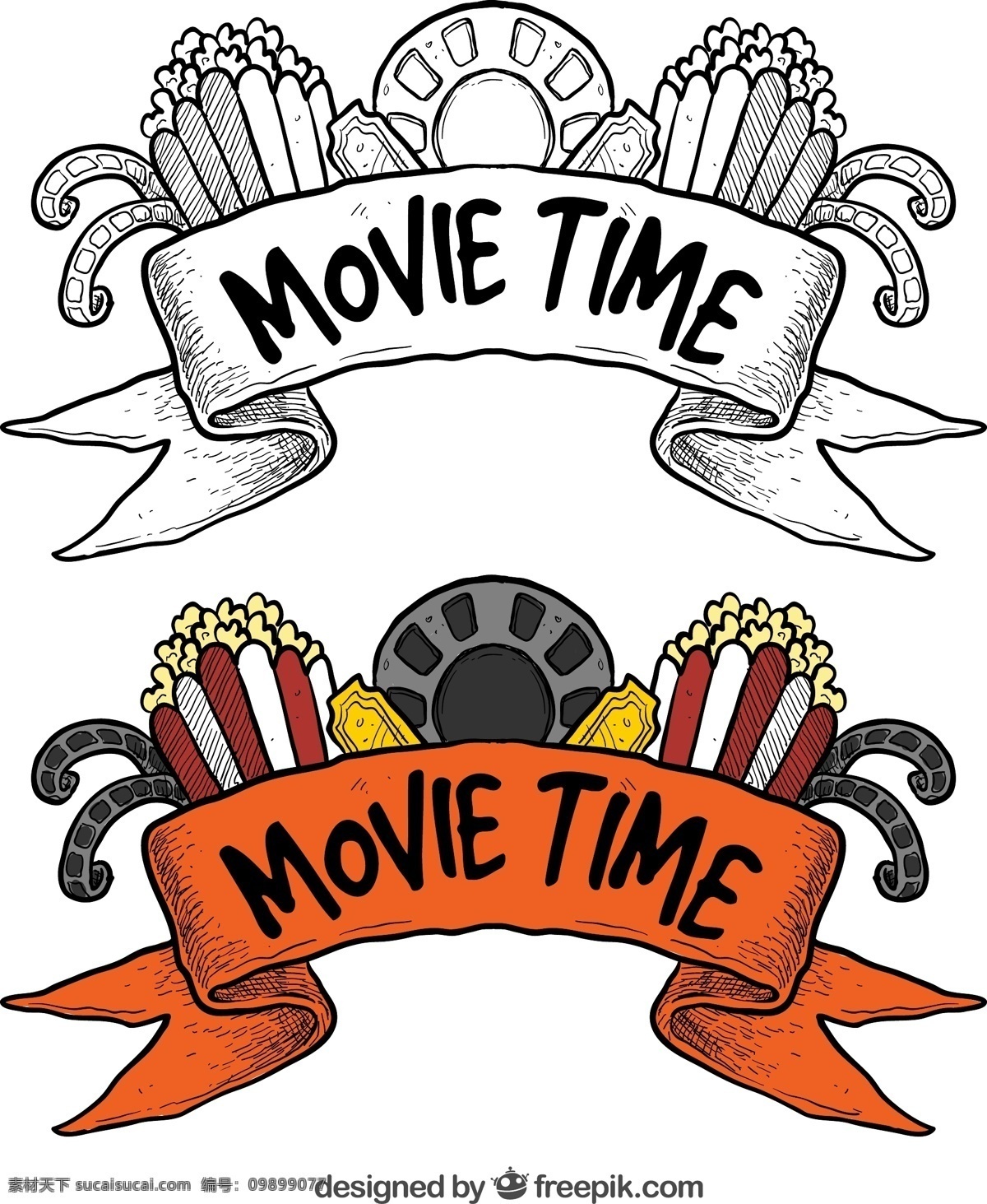 手绘 电影 元素 条幅 矢量图 爆米花 电影票 电影胶卷 电影院 movie time