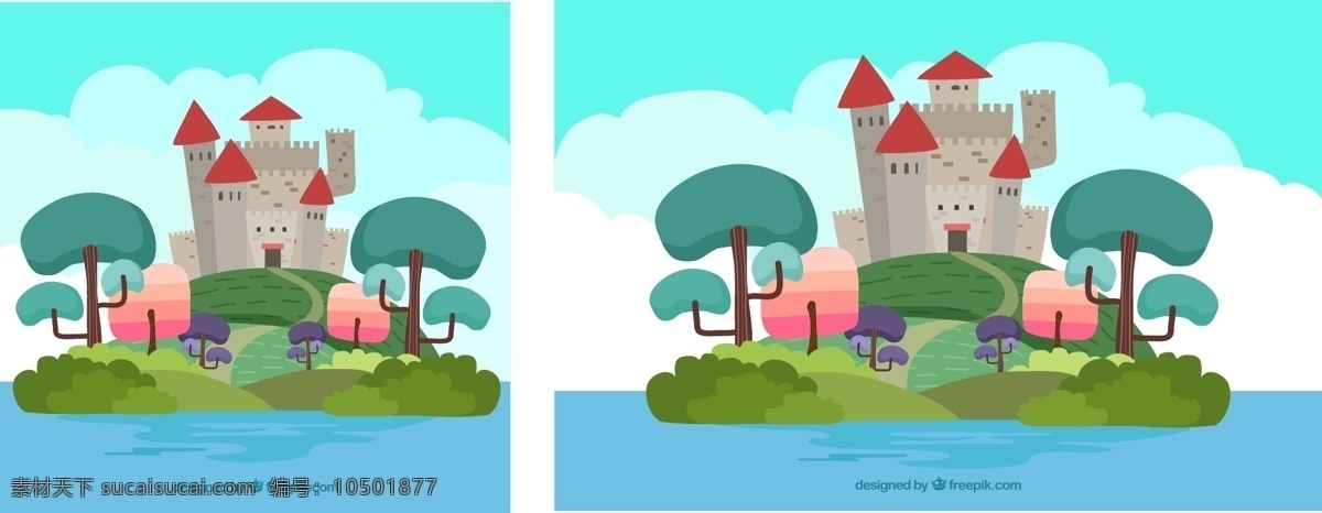 手绘 小岛 城堡 彩色 树木 风景 矢量 彩色树木 矢量素材