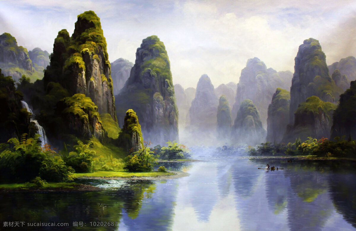 桂林山水 油画 风景 风光 高山 捕鱼 小舟 小船 渔夫 文化艺术 传统文化