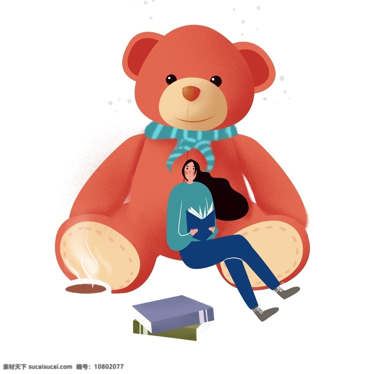 唯美 清新 靠着 小 熊 女孩 插画 小熊 玩具 看书 治愈系 手绘 玩偶 女生 茶 休闲生活