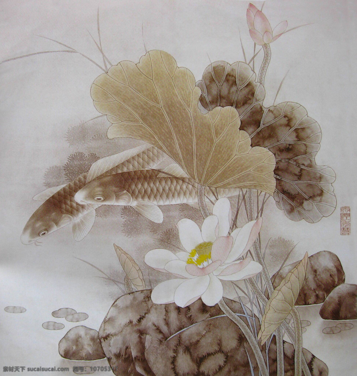 工笔荷花 工笔画 国画 中国画 工笔彩墨画 彩墨工笔画 大师作品 风景画 荷花 植物 荷叶 池塘 鲤鱼 动物 莲藕 绘画书法 文化艺术