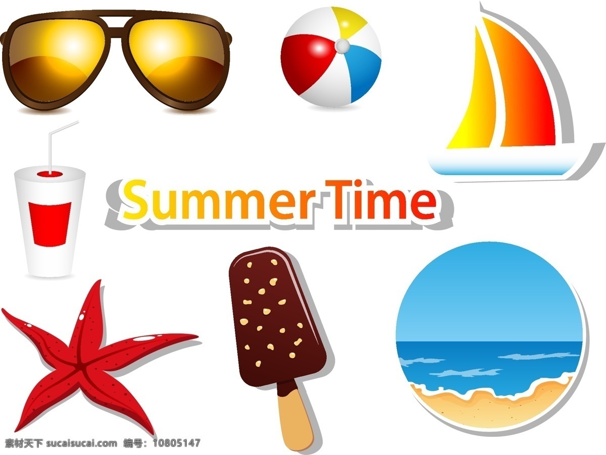 卡通 矢量 夏季 大海 枫叶 沙滩球 雪糕 眼镜 饮料 矢量图 日常生活