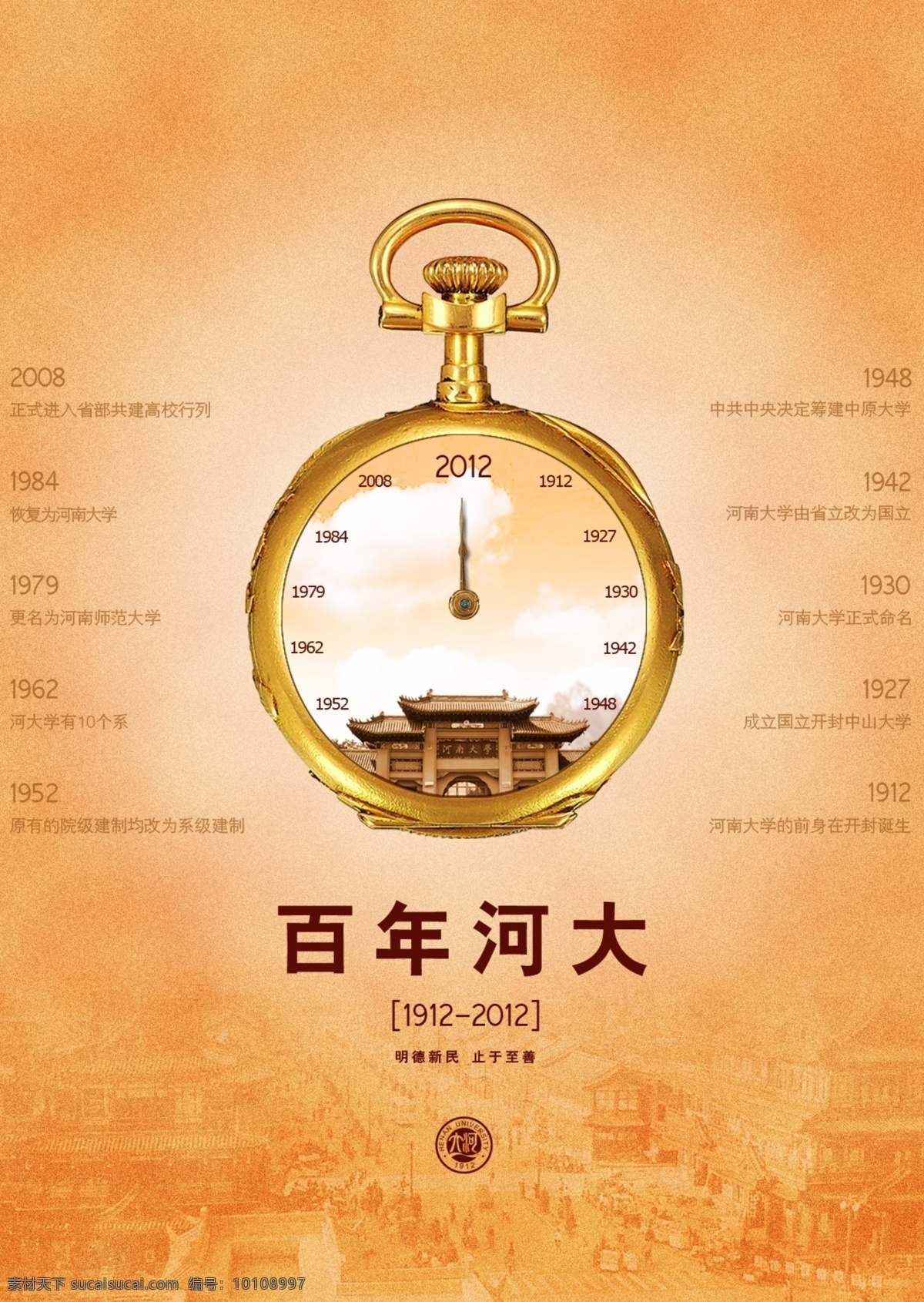 河大校庆设计 海报 版式 广告 河大 庆典 钟表 时间 河南大学 复古 传统 背景 指针 广告设计模板 源文件