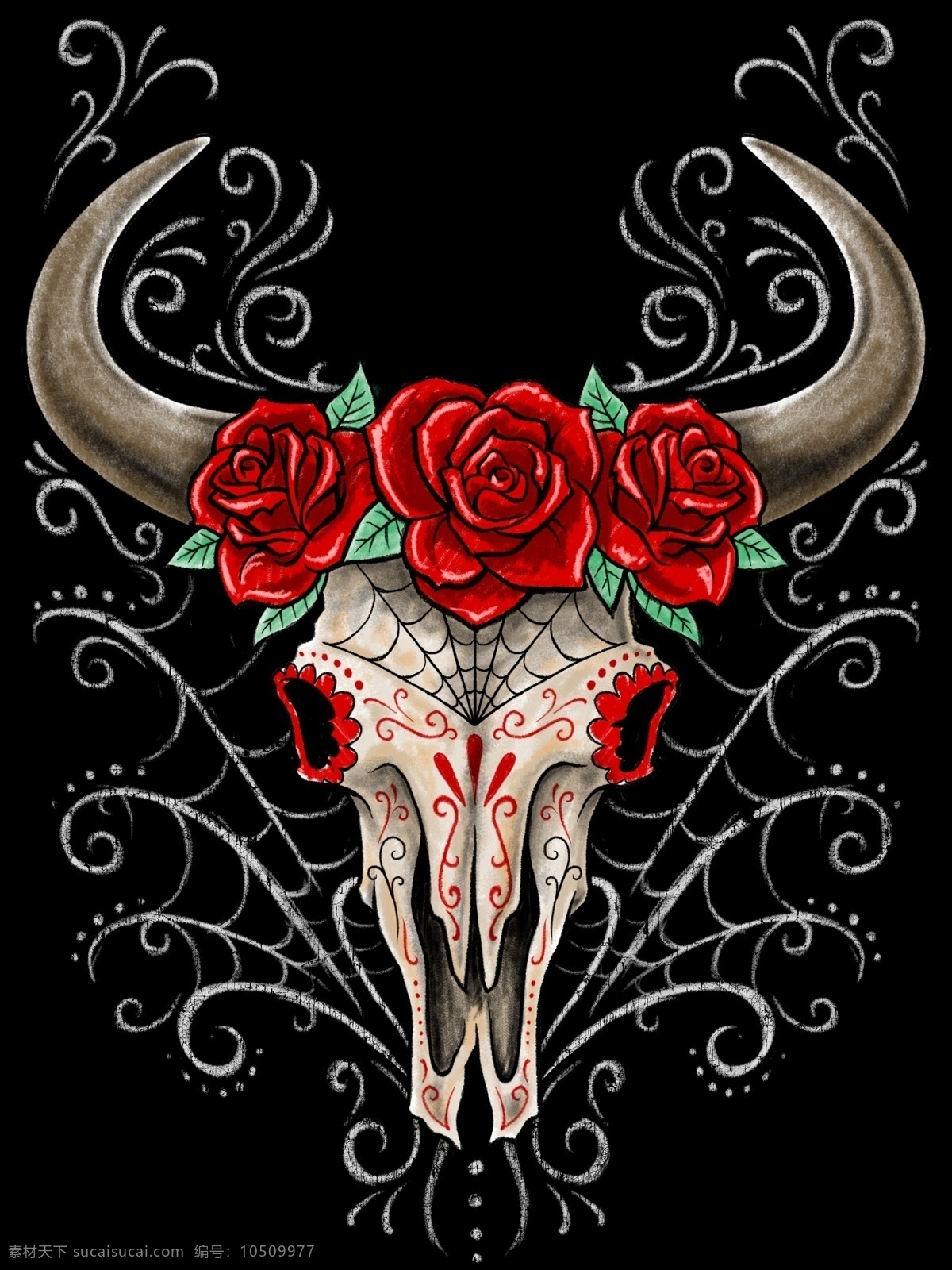 玫瑰 骷髅 羊头 牛头 犄角 魔鬼 花 印花 底纹 花纹 文化艺术 传统文化