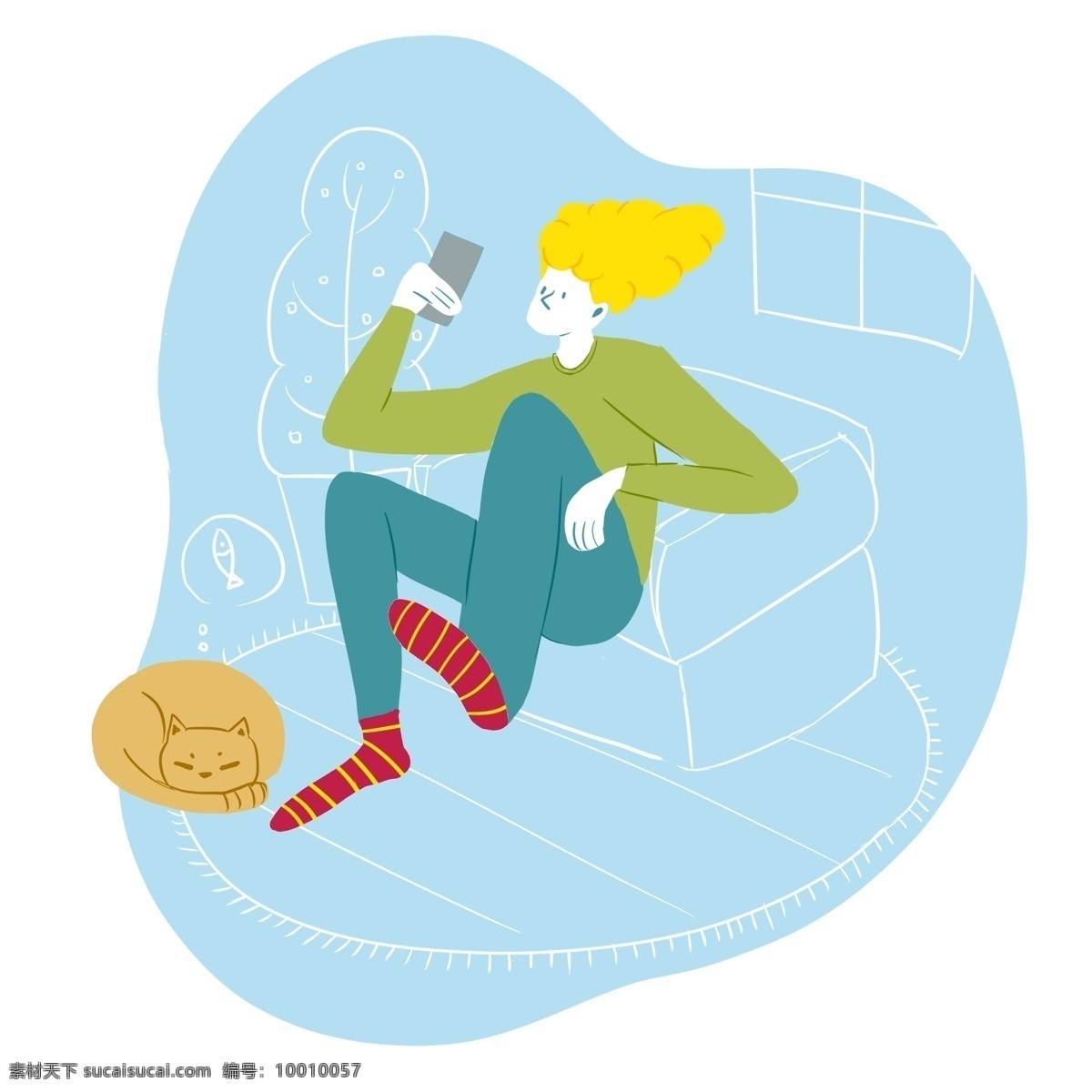 虚实 象生 趋势 人物 玩 手机 虚实象生 玩手机 坐 沙发 猫咪 休闲