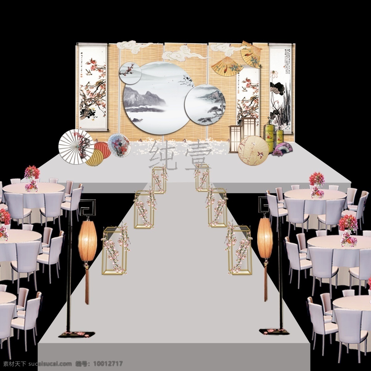 新 中式 室内 婚礼 效果图 方案 新中式 舞台设计 背景效果 t台 路引