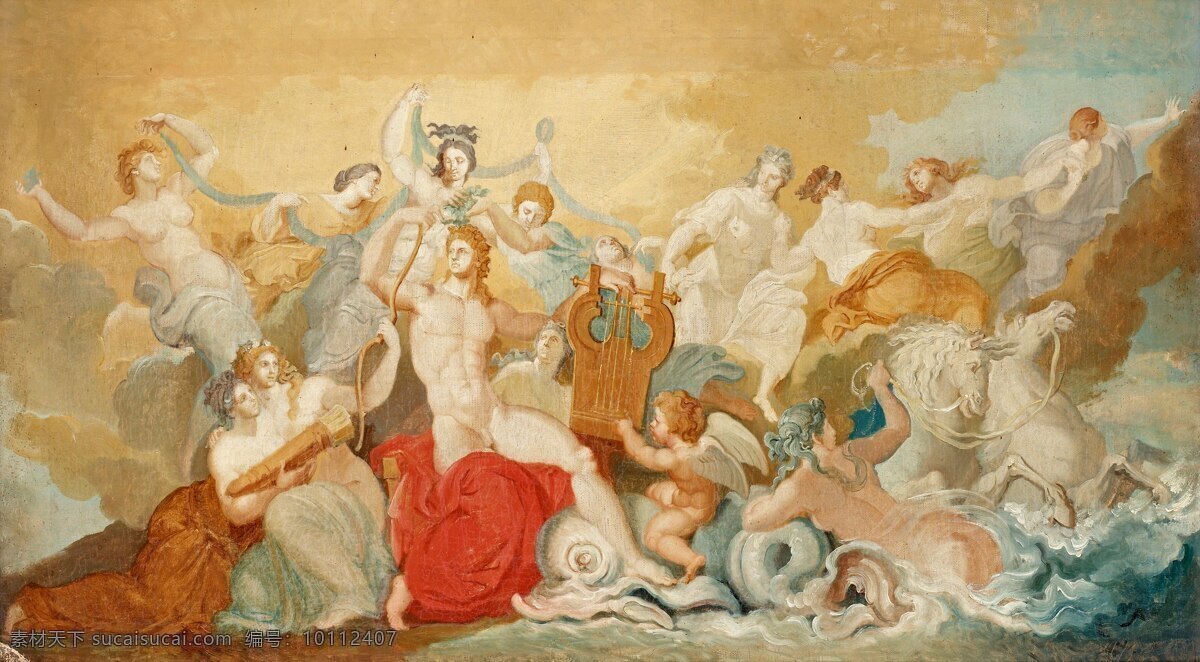 希腊神话 海神 众神 天使 骏马 演奏 弓箭 大海 19世纪油画 油画 绘画书法 文化艺术