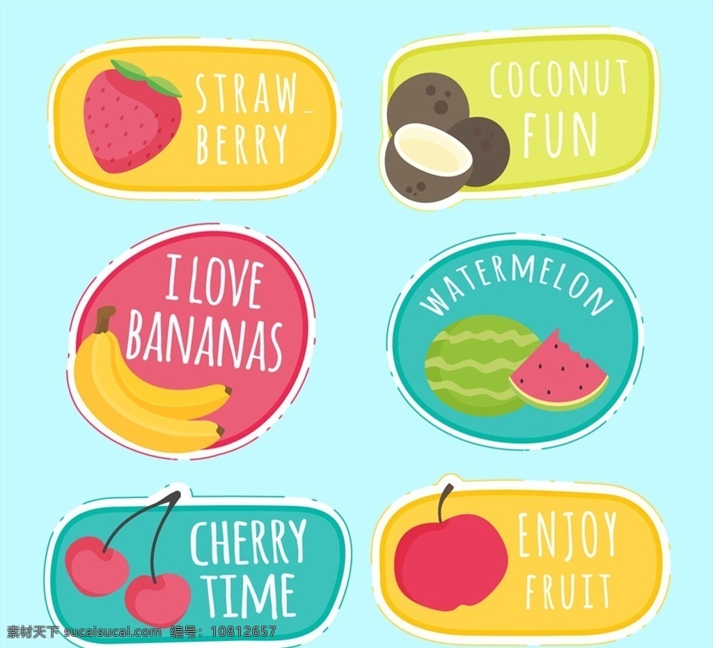 款 彩色 水果 贴纸 矢量 草莓 香蕉 椰子 西瓜 樱桃 苹果 标志图标 其他图标