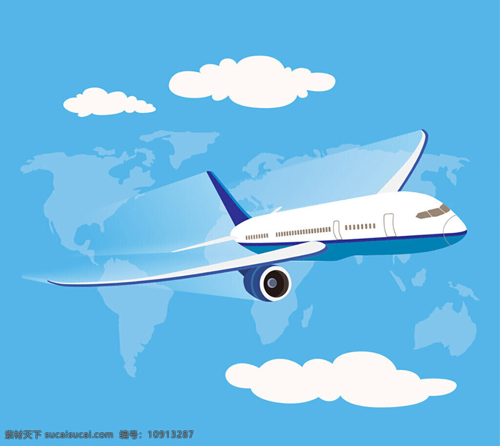 航空飞机矢量 飞行 环球 航空飞机 云朵 世界地图 客机 矢量图 ai格式 青色 天蓝色