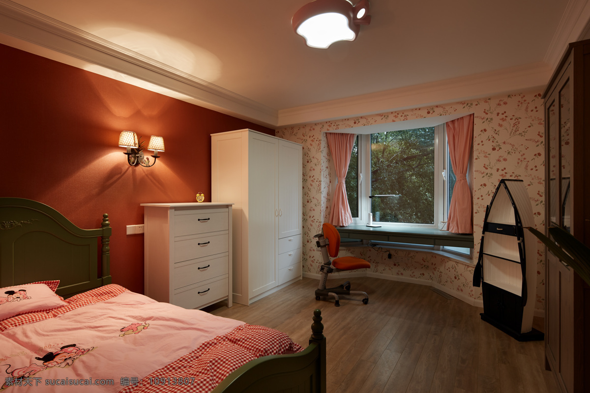 橘红 色系 卧室 室内设计 家装 效果图 室内 被子 窗台 窗户 窗帘 灯 台灯 柜子 床