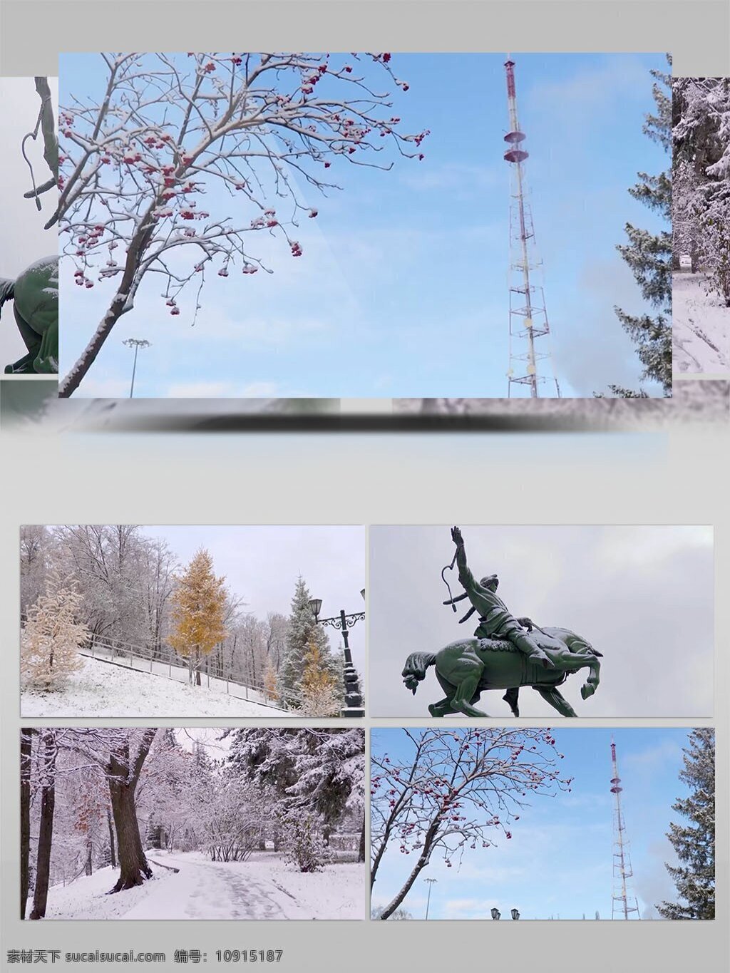 公园 下雪 美丽 风景 公园风景 冬天 树木 雕塑 蓝天