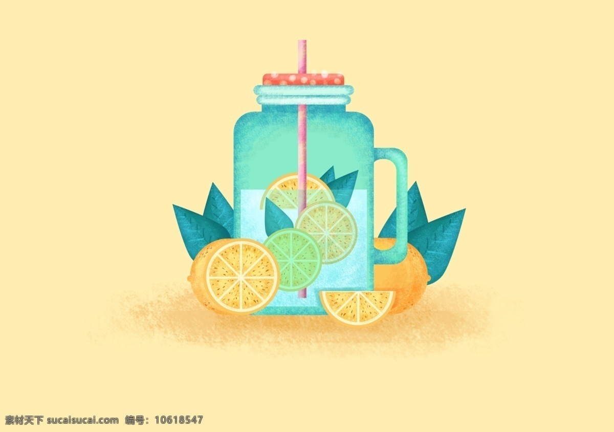 清新 手绘 卡通 柠檬 吸管 杯子 叶子 插画 饮品 夏天 水 分层