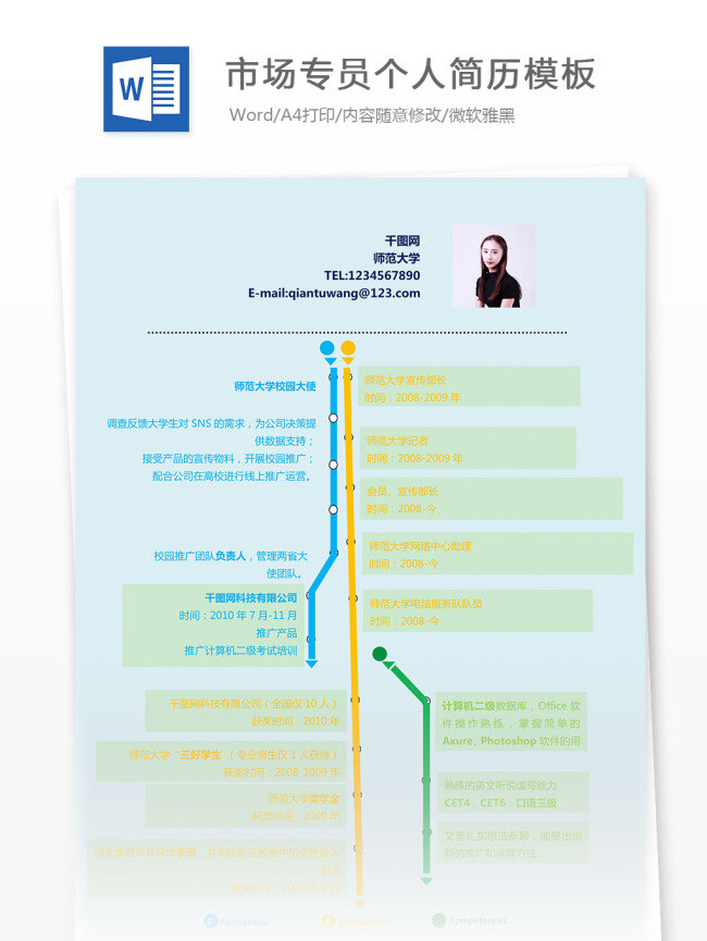市场 专员 个人简历 模板 个人简历模板 简单 简历 简历模板 简约 蓝色 清新