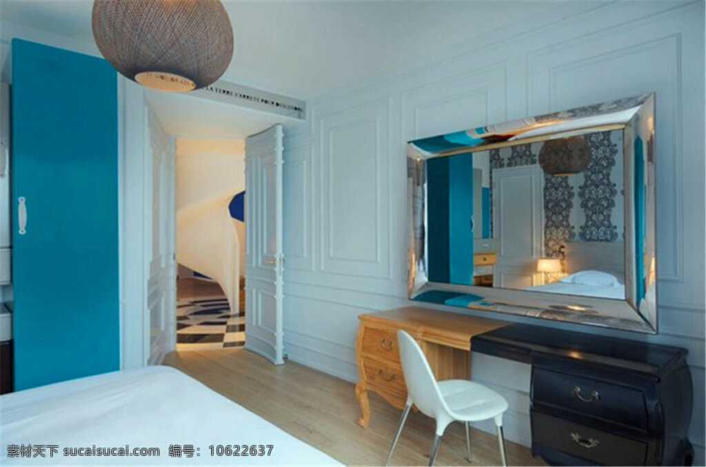 简约 卧室 个性 吊灯 装修 效果图 床铺 灰色墙壁 镜子 门框 木地板 书桌