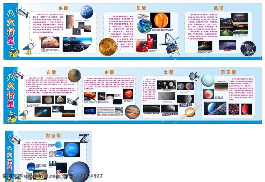 展板背景 卡通 八大行星 蓝色背景 地球 望远镜 水星 金星 火星 木星 土星 天王星 海王星 飞机 展板 展板模板