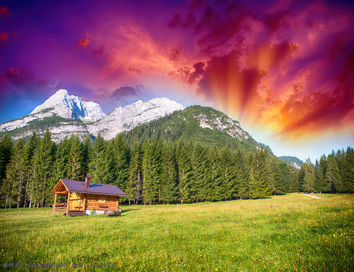 高山 前 树林 草地 木屋 光芒 云彩 美景 山水风景 风景图片