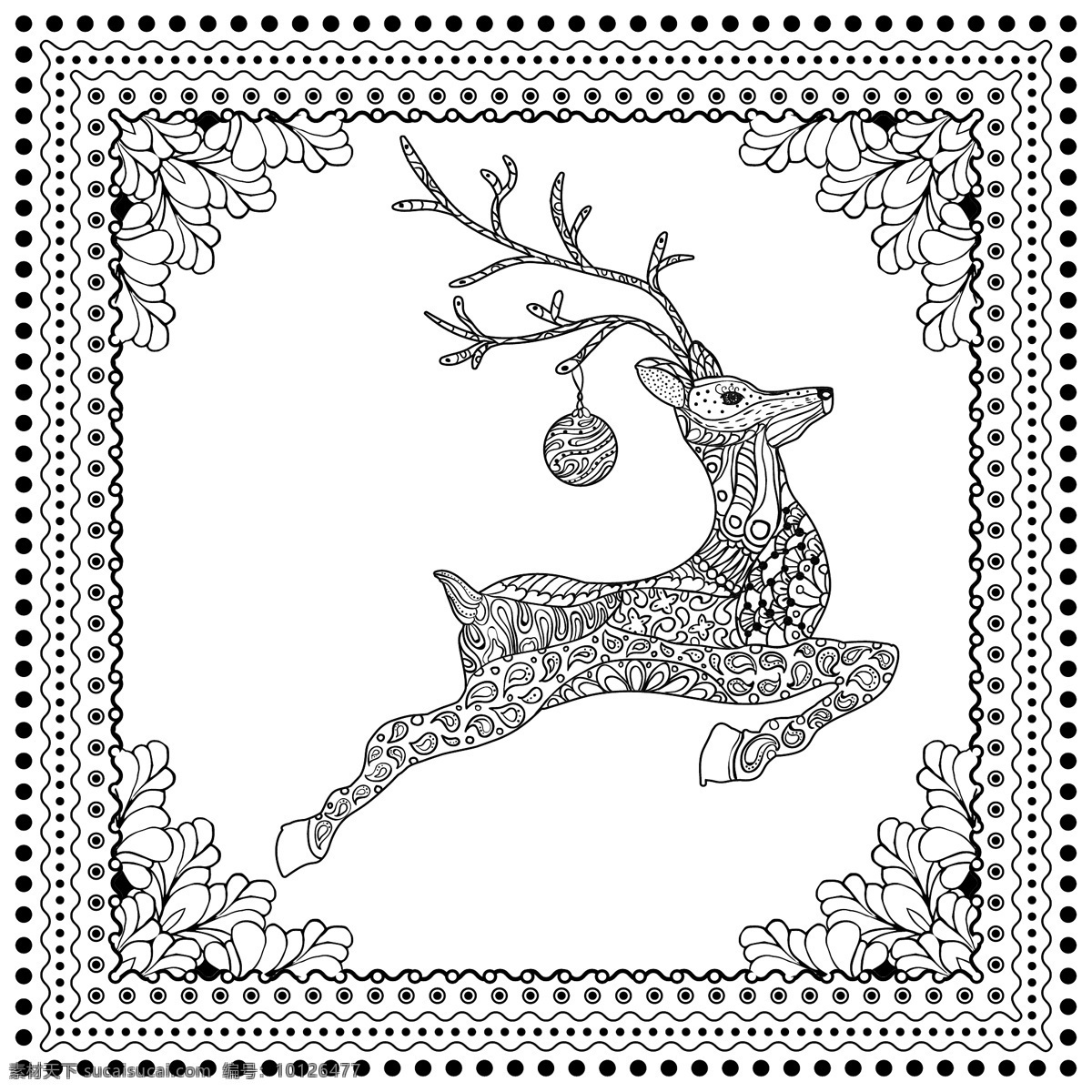 装饰性 跳 鹿 剪影 手绘 矢量图 圣诞节 色彩 曼 达拉 儿童 页面 黑色 白色 着色 年 新年 花卉 图案 阿杜 尔