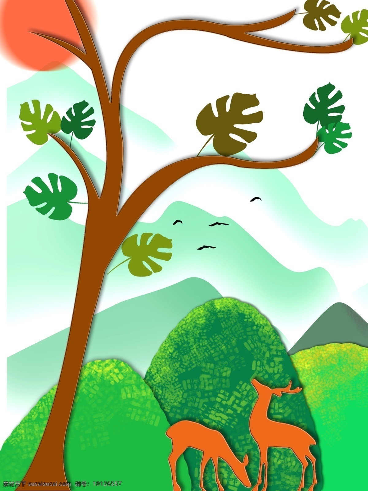简约 手绘 春天 风景 客厅 装饰画 日出 剪影鹿 创意丛林山 手绘简约树 一联画