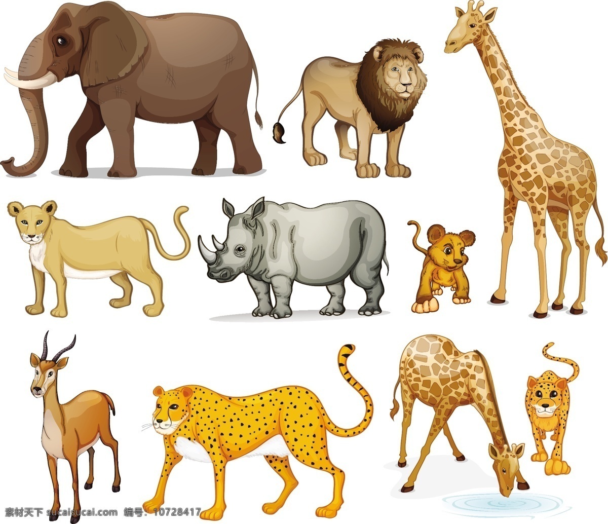 卡通动物 可爱 手绘 狮子 豹子 鹿 长颈鹿 大象 犀牛 卡通设计 矢量 生物世界 野生动物