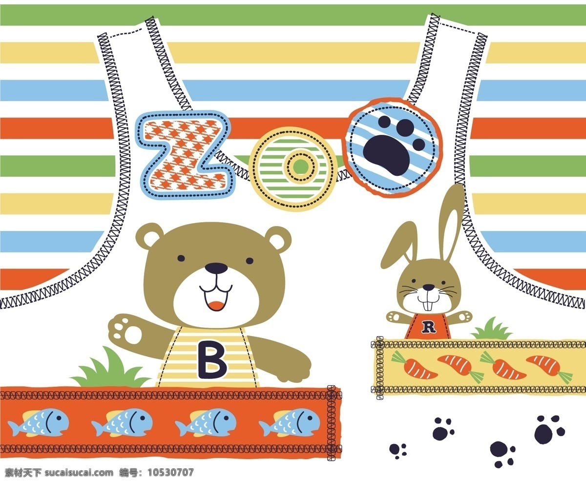 可爱 清新 棕色 小 熊 卡通 动物 卡通动物 小熊 条纹背景 小兔子 小鱼 彩色英文 萝卜 草堆
