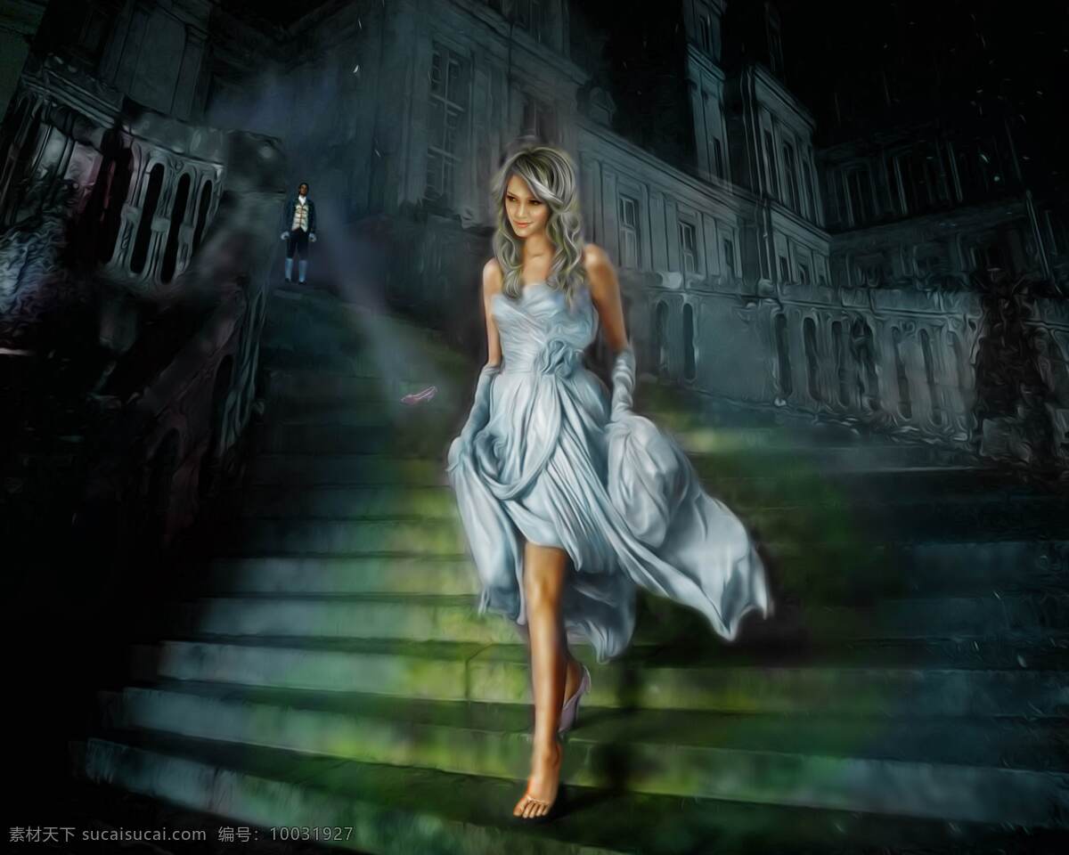 灰姑娘 通话 王子 水晶鞋 城堡 楼梯 台阶 裙子 公主 绘画书法 文化艺术