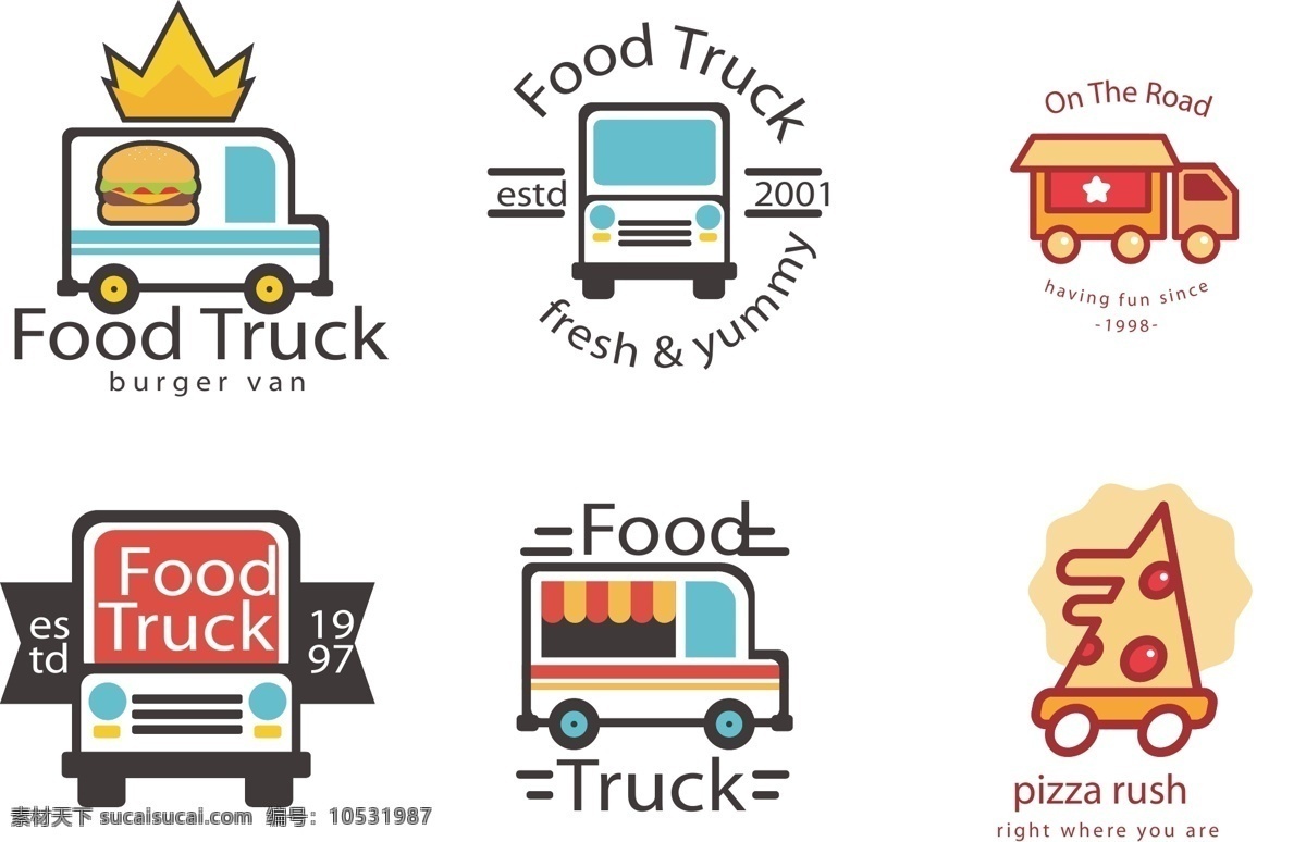 可爱 的卡 通 快餐 标志 插画 标签 汽车 矢量素材 卡通 手绘 快餐车 披萨