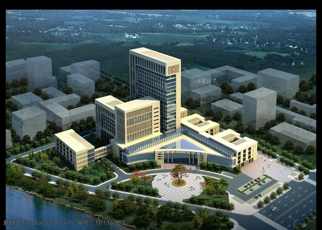 医院效果图 医院 效果图 景观 河流 绿化 鸟瞰图 楼 建筑设计 环境设计