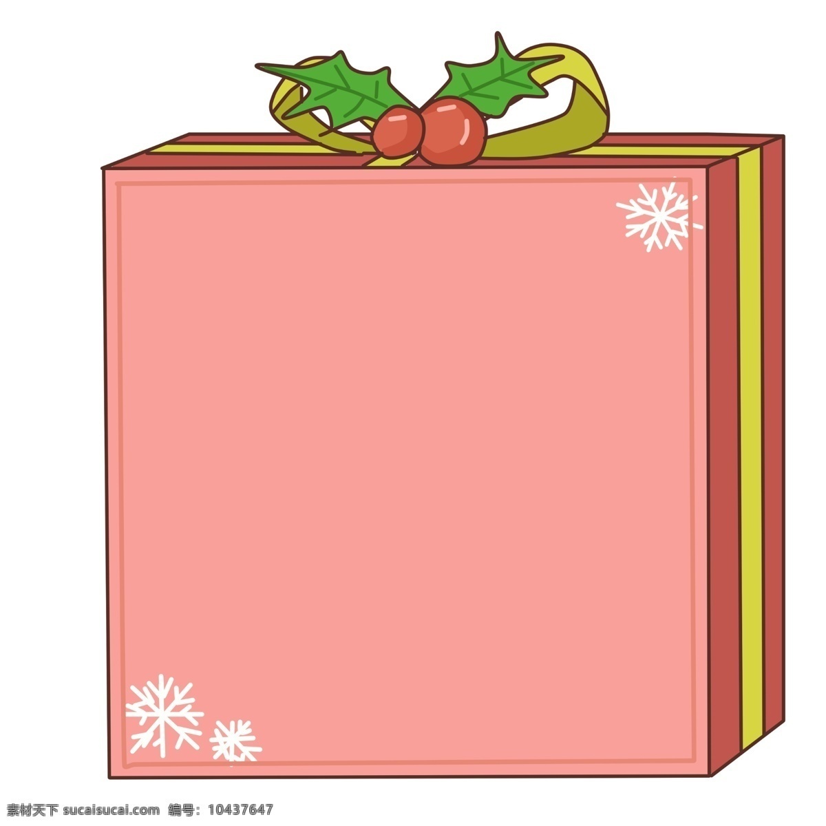 圣诞节 礼盒 边框 插画 红色的圣诞球 绿色的叶子 黄色的蝴蝶结 白色的雪花 红色