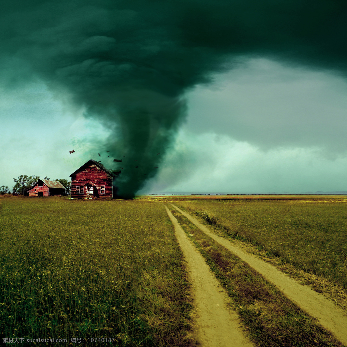 草原 上 龙卷风 草地 马路 公路 房子 飓风 暴风 自然灾害 环境破坏 草原图片 风景图片