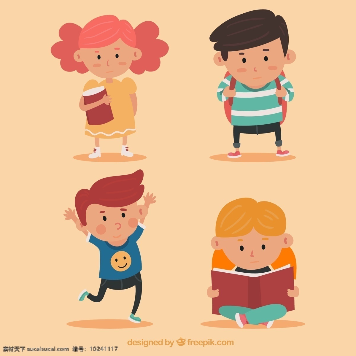 卡通 四 孩子 角色 卡通孩子 人物角色 卡通人物 学生 书包 运动