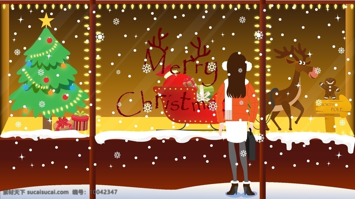 圣诞节 平安夜 橱窗 卡通 插画 圣诞树 女孩 节日 麋鹿 姜饼人 指路牌 背影 矢量 下雪