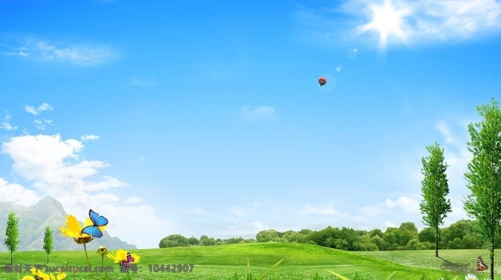 大自然 花 蝴蝶 草地 风景 环保 绿化 阳光 蓝天 白云 海报 背景 喷画 广告设计模板 源文件