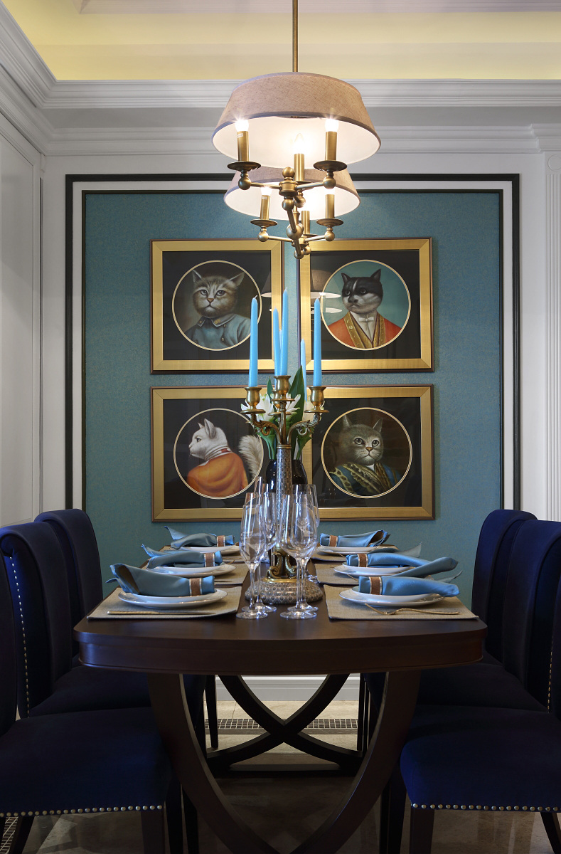 简约 风 室内设计 餐厅 蓝色 餐桌 凳 效果图 现代 照片背景墙 吊灯 家装